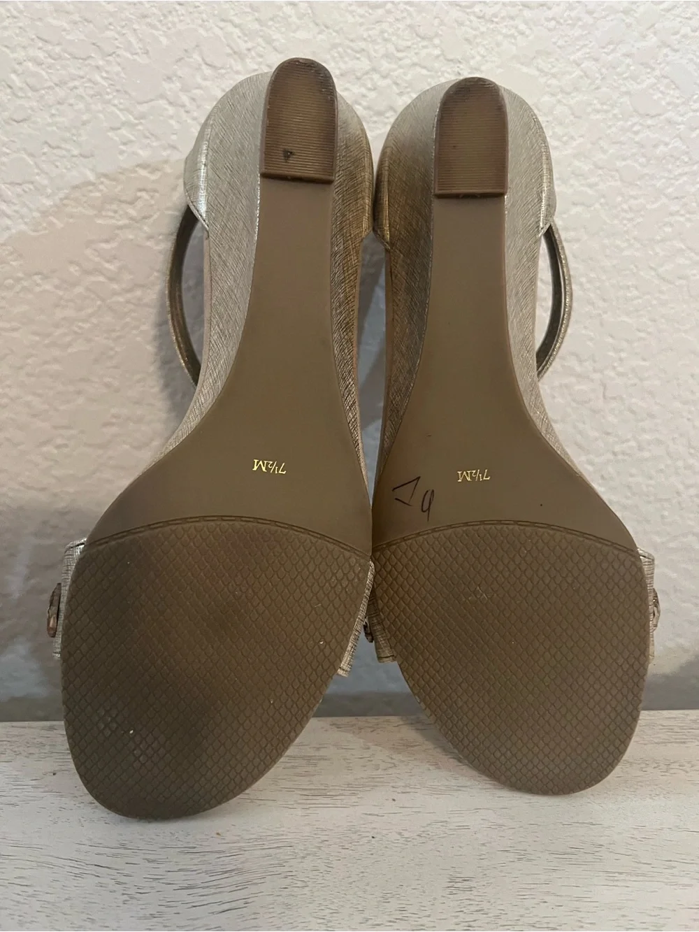 New York Transit Beige T-Strap Wedge Sandals with Gem Accents